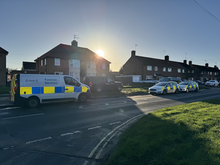 Two police cars and a forensics unit at an address on Hawthorn Drive, Ipswich